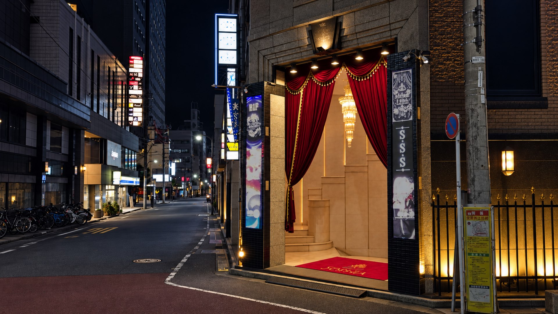 S.S.Sが入る建物の夜の外観